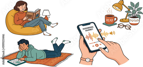 Modern reading lifestyle vector set featuring physical books digital tablets audiobooks and cozy home relaxation.