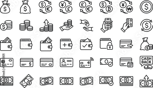Financial and payment icons set including wallet money exchange credit card mobile banking cash transaction line vector illustration isolated collection design