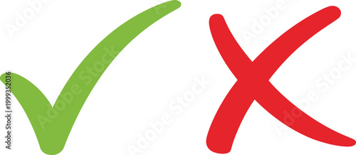 Green check mark and red cross symbols correct incorrect approval rejection decision validation concept simple flat vector illustration isolated background