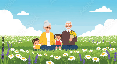 Grandparents and Grandchildren in Flower Field. Flat Vector Illustration. Family Bonding Concept.