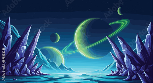 Fantasy alien planet landscape with rings crystals mountains and glowing sky futuristic space scenery vector illustration background
