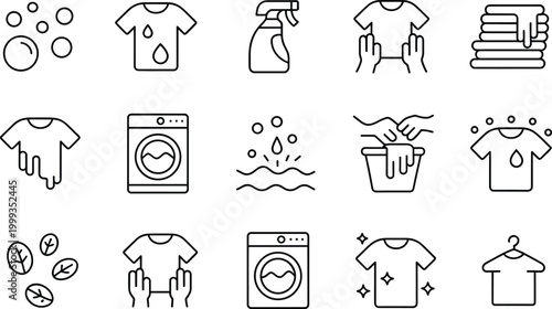 Laundry and clothes washing icons set with detergent, washing machine, clean shirt symbols, housekeeping vector illustration