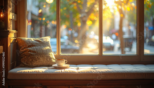 Relaxing window seat with a cup of coffee in a bright cafe