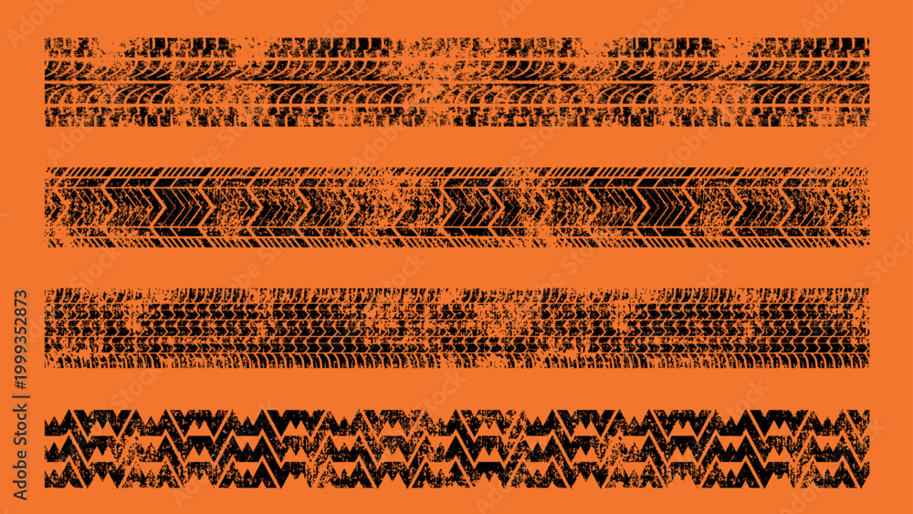 Fototapeta premium Horizontal grunge tire tracks on orange background, distressed vector 