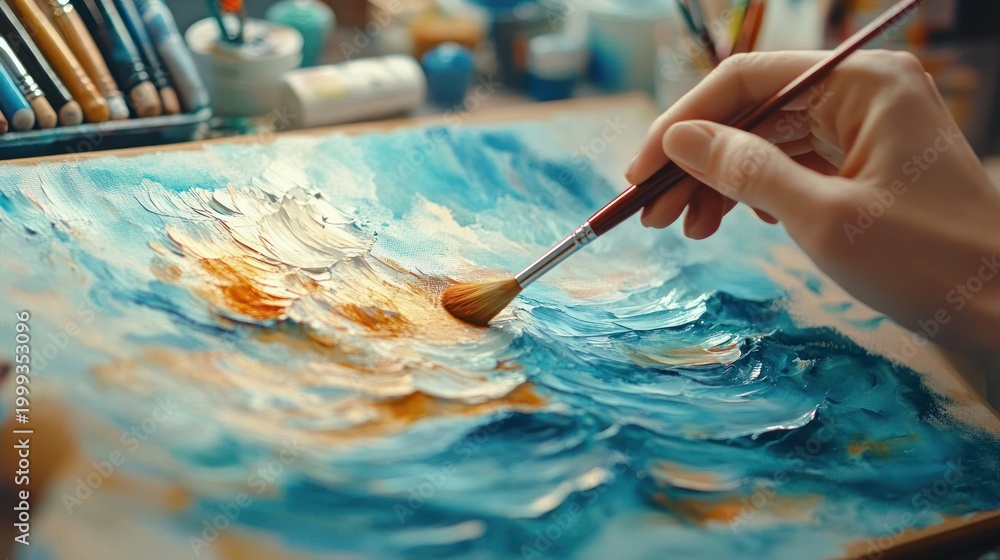 Fototapeta premium Hand with paintbrush applying thick blue and gold impasto to a seascape canvas, textured waves and brushstrokes with art supplies in a sunlit studio conveying focused calm creativity