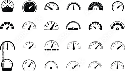 Speedometer gauge icons collection set isolated on light background, various dashboard meters for speed, performance measurement, automotive UI design elements vector
