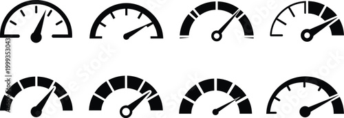 Speedometer gauge icons collection for dashboard performance measurement, automotive meter indicators, speed scale vector illustration set