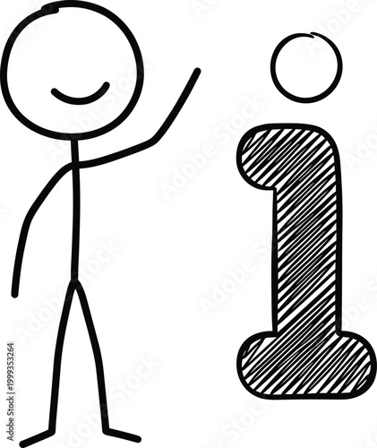 Stick figure pointing at number one symbol representing success, leadership, achievement and first place concept in simple minimal hand drawn line style