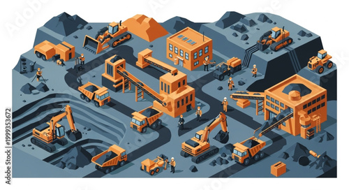 Industrial mining operation with heavy machinery and buildings.