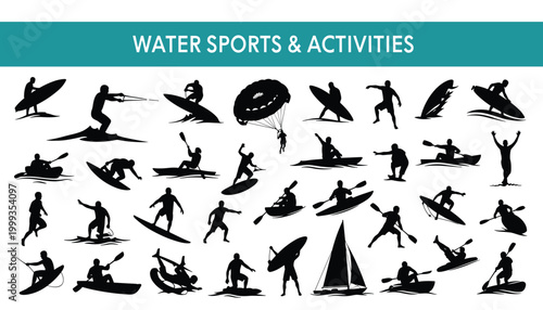 Vector set of water sports and activities silhouettes isolated on white background