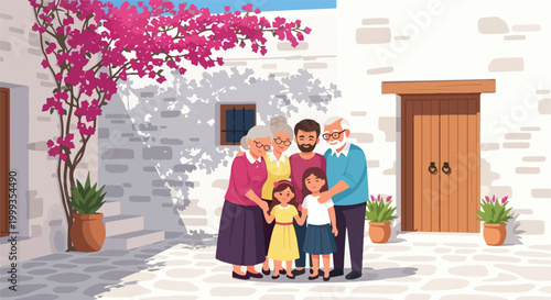 Multigenerational Family Portrait. Cartoon Illustration. Flat Vector Style. Warm Home Setting.