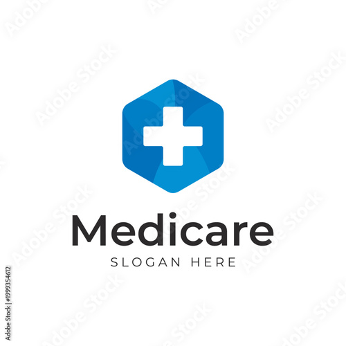 Blue Hexagon Shield Shape With White Plus Symbol Logo Design