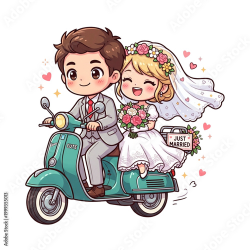 Cute Chibi Newlywed Couple Riding a Teal Vintage Scooter with "Just Married" Sign.