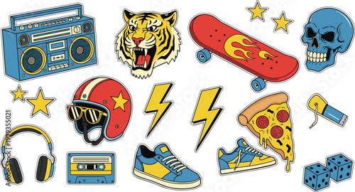 
Retro Nineties Street Style Sticker Set with Tiger Boombox Skateboard Skull Pizza Sneaker and Urban Elements