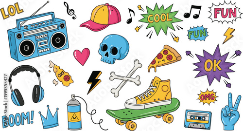 
Retro Nineties Pop Art Sticker Set with Boombox Skull Sneaker Skateboard Pizza Headphones and Street Culture Elements