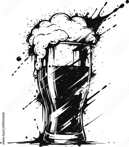 Black beer glass with foam splash, grunge alcohol drink illustration