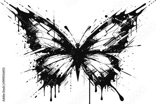 Black grunge butterfly silhouette with paint splatter effect and dripping ink design
