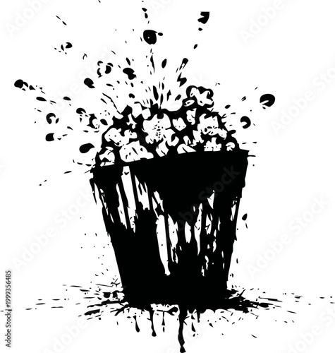 Black ink splash illustration of a popcorn bucket popping fresh popcorn