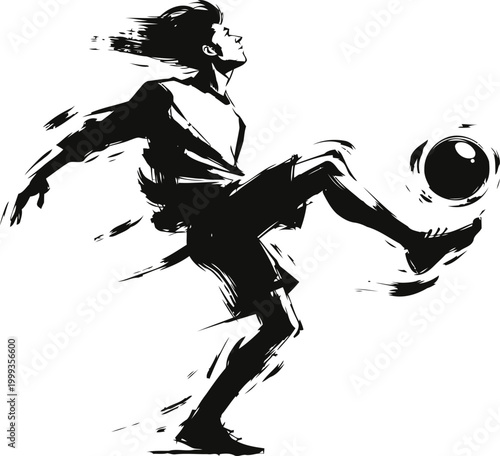 Dynamic soccer player kicking ball silhouette in action with speed and movement effect