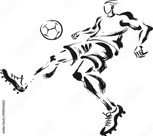 Soccer player kicking ball, dynamic athletic football action silhouette in motion