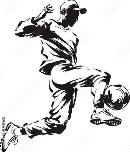 soccer player controlling ball mid air athletic male in dynamic action pose with cap and sportswear