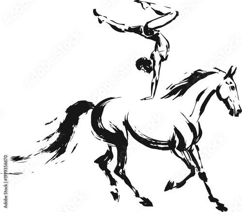 Acrobatic gymnast performing handstand on galloping horse silhouette in dynamic motion