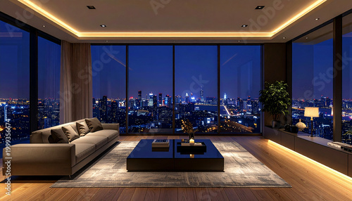 Luxury living room interior with city night view through large windows