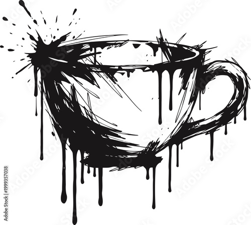 Grunge black coffee cup illustration with paint splatter and dripping ink design