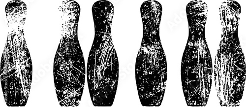 Grunge distressed bowling pins silhouette set in black, vintage textured shapes on white background