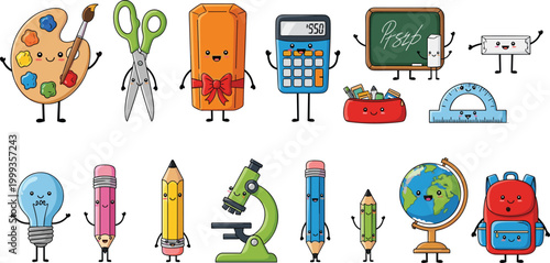 Cheerful cartoon school supplies vector illustration with backpack, globe, pencils, chalkboard, calculator, paint palette, and creative learning tools