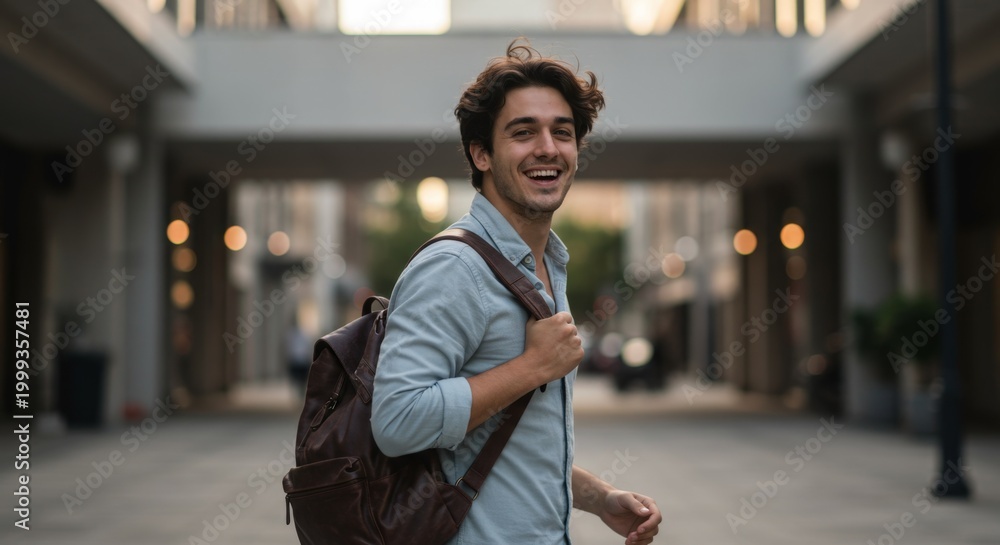 Fototapeta premium Young caucasian man student with backpack smiling in urban setting, portraying happiness. Travel, education, lifestyle.