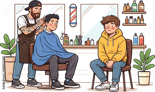Tattooed Barber Cuts Hair Salon illustration