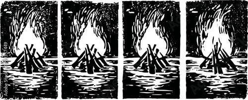four black and white woodcut illustrations of campfire flames with reflected water surface