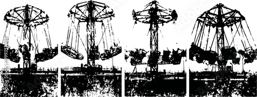 Vintage amusement park swing ride silhouette set in black and white, nostalgic carnival attraction series