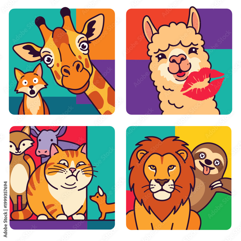 Fototapeta premium Funny Animal Portraits Icons Set with Giraffe, Fox, Alpaca, Cat, Lion, Sloth and Cow, Colorful Square Avatars of Cute Cartoon Wildlife Animals Vector
