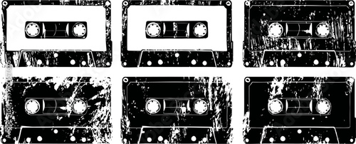 Set of six grunge vintage audio cassette tapes with distressed textures and retro design elements