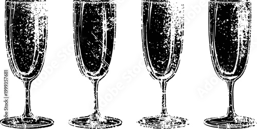 four elegant champagne flutes with sparkling bubbles on a transparent background