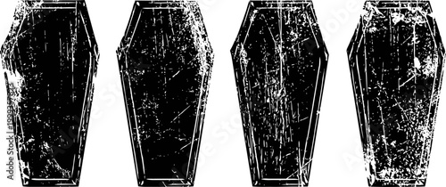 Four vintage wooden coffin silhouettes with distressed texture, halloween design elements