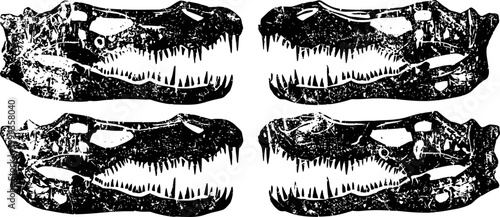 Four detailed black silhouettes of crocodile skulls with sharp teeth and open jaws