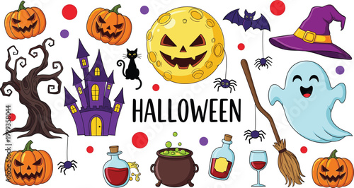 Colorful Halloween vector illustration with haunted house, pumpkins, ghost, black cat, bats, cauldron, witch hat, and spooky decorations