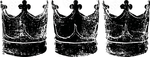 three vintage black crowns in a row with distressed texture on white background