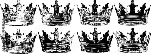 Vintage royal crowns collection eight hand drawn antique crowns in black ink, textured silhouettes classic regal headwear design