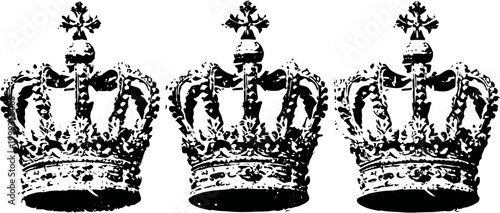 Three vintage crowns in black and white with intricate ornamental details