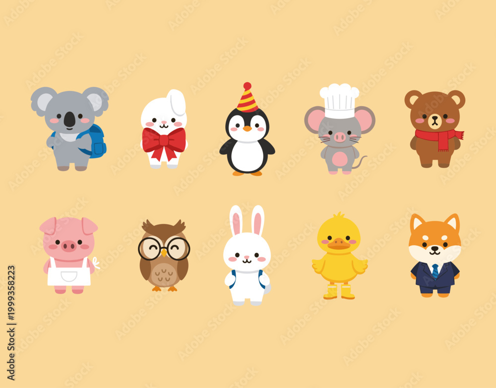 Fototapeta premium Cute Animals in Professional Outfits and Accessories Set, Koala with Backpack, Penguin in Party Hat, Chef Mouse and Business Dog Vector Icons