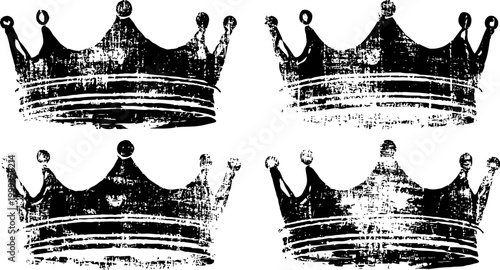 Grunge crowns set with vintage distressed texture hand drawn royal crowns in black ink classic heraldic design collection