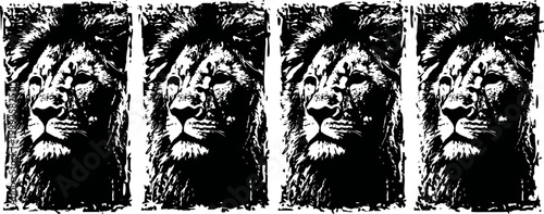 Black and white lion face illustration in four vertical panel design with bold contrast and textured edges