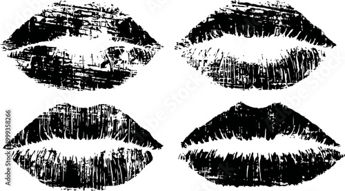 Four black lipstick kiss marks with different texture and shapes on white background