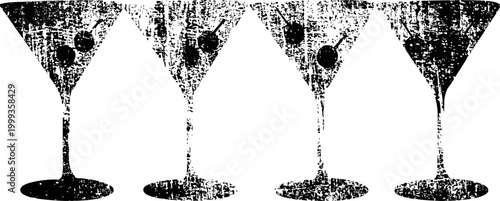 Five martini glasses with olives in a row, vintage black and white illustration