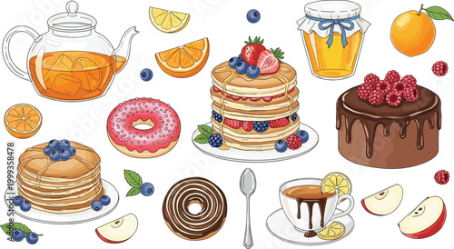 Colorful Breakfast and Dessert Collection Vector with Pancake Cake Donut Tea Honey Orange Berry and Sweet Elements
