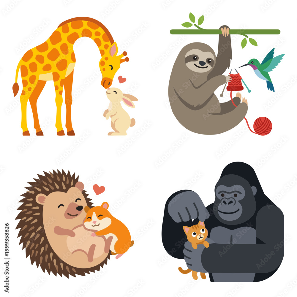 Obraz premium Interspecies Animal Friendships Set, Giraffe and Rabbit, Sloth Knitting, Hedgehog Hugging Hamster and Gorilla with Kitten Vector Illustration